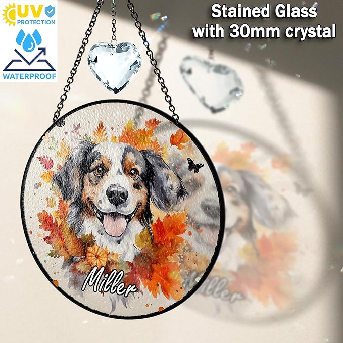 Personalized Pet Portrait Stained Glass Crystal Suncatcher, Dog & Cat Fall Pumpkin Decor, Autumn Maple Leaf Thanksgiving Decorations, Dog Lover Gift for Women, Memorial Gifts for Cat Mom