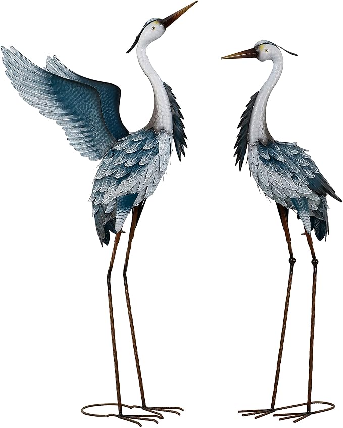 TERESA'S COLLECTIONS Garden Decor, Set of 2 Herons Garden Decor, 23-25", Elegant Herons with Blue Painting, Waterproof Metal Garden Statue, Birthday Gifts for Women Mom