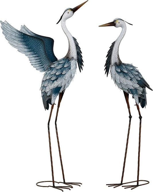 TERESA'S COLLECTIONS Garden Decor, Set of 2 Herons Garden Decor, 23-25", Elegant Herons with Blue Painting, Waterproof Metal Garden Statue, Birthday Gifts for Women Mom