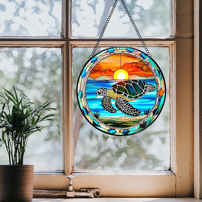 Sea Turtle Stained Glass Window Hanging Suncatchers, Coastal Ocean Sun Catchers Indoor Window Glass Wall Art Decor, Ocean Beach Wall Hanging Decorations Sculptures, Sea Turtle Gift, 7.9x7.9in