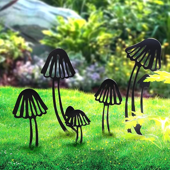 5PCS Metal Mushroom Yard Art - Garden Decorative Stake, Hollow Out Mushrooms Silhouette Statue Decor for Pathway, Floor, Garden, Lawn, Outdoor Decoration