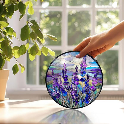 Lavender Flower Suncatchers Stained Glass Window Hanging, Flower Sun Catchers Indoor Window Glass Round Wall Decor, Purple Lavender Floral Wall Decor 7.9x7.9in