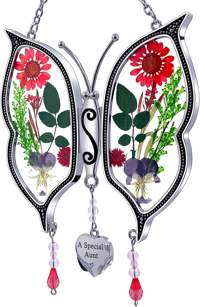 KY&BOSAM Gifts for Aunt Suncatchers for Windows Butterfly Stained Glass A Special Aunt Wind Chime with Pressed Flowers & Heart Charm Gifts for Aunt Mother's Day Wedding Home Decor