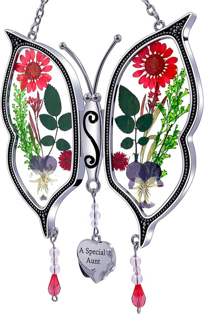 KY&BOSAM Gifts for Aunt Suncatchers for Windows Butterfly Stained Glass A Special Aunt Wind Chime with Pressed Flowers & Heart Charm Gifts for Aunt Mother's Day Wedding Home Decor