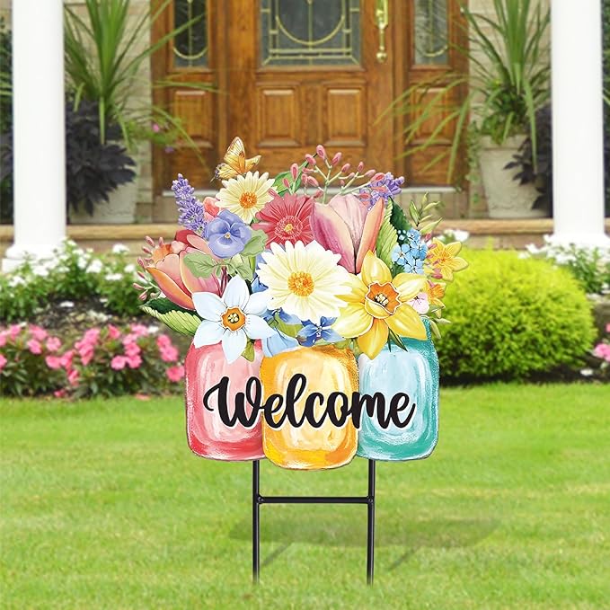 JarThenaAMCS Spring Flower Metal Garden Stakes Colorful Floral Vase Decorative Lawn Sign Welcome Yard Sign for Home Outside Lawn Porch Walkway Decor