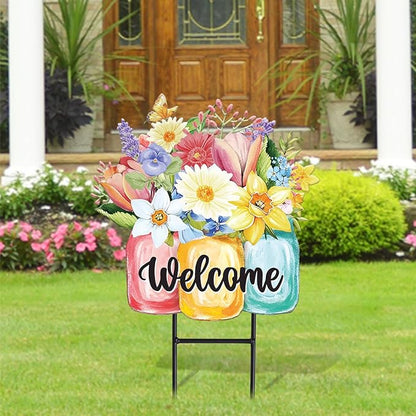 JarThenaAMCS Spring Flower Metal Garden Stakes Colorful Floral Vase Decorative Lawn Sign Welcome Yard Sign for Home Outside Lawn Porch Walkway Decor