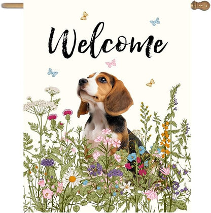 Floral Beagle Garden Flag Spring Summer House Flags 28 x 40 Double Sided Flower Dog Yard Flags for Outside Large Outdoor Welcome Flags