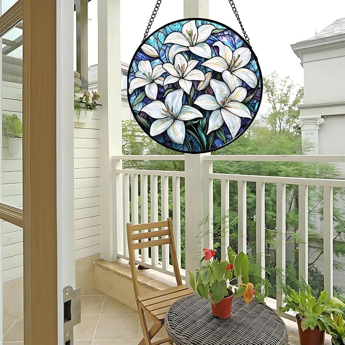 Stained Glass Window Hanging - White Lily Flowers Suncatcher for Door Terrace Garden Home Decor Blue Purple Sun Catcher Birthday Gifts for Lovers Women Men Dad Mom Nana 11.8 in