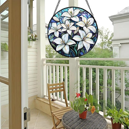 Stained Glass Window Hanging - White Lily Flowers Suncatcher for Door Terrace Garden Home Decor Blue Purple Sun Catcher Birthday Gifts for Lovers Women Men Dad Mom Nana 7.8 in