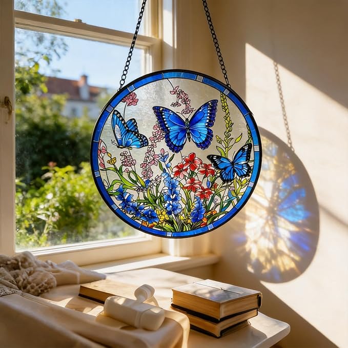 Stained Glass Sun Catcher,ButterflysStained Glass Window Hanging Garden Decor,Sun Catchers Indoor Window,Whimsical Decoration for Home Backyard Patio Lawn Porch with 6.3 INCH