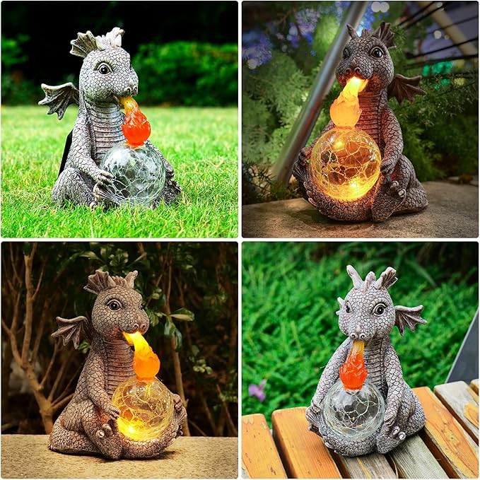 mopha Solar Garden Outdoor Statues Dragon Holding Magic Orb with Solar LED Lights Lawn Décor Dragon Sculpture for Garden Yard Lawn Balcony and Home, for Women