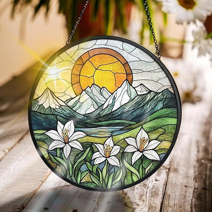 Bimkole Sun Mountain Stained Glass Suncatcher Window Hanging - Flowers Indoor Window or Doorway Decoration - Handmade Sun Catcher Decor for Garden Home Christmas & Birthday Gifts 7.87x7.87 Inch