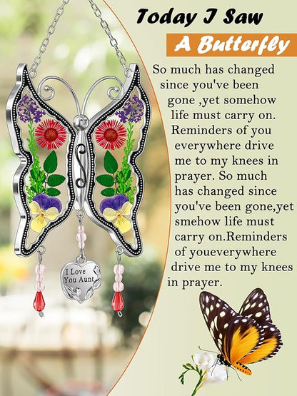 KY&BOSAM Gift for Aunt Suncatcher Butterfly I Love You Aunt Gift Stain Glass Suncather for Window Hanging Wind Chime with Pressed Flower Embedded Birthday Gifts for Women Mother`s Day Christmas