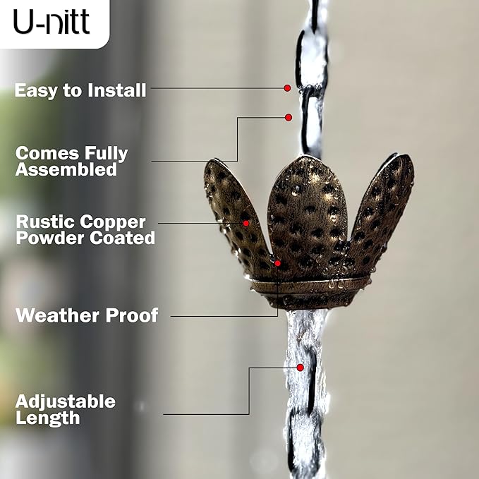 U-nitt Rain Chain Water Collection for Gutters Rainwater Catcher & Diverter, 8.5 FT Chains for Outside Garden, Copper Lily Cups, Roof Downspout, Works with Heavy Rain, w/Gutter Clip for Rainchains