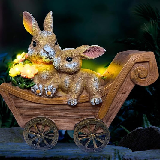 PRETMANNS Solar Garden Outdoor Statue Bunny Decor with Lights - Rabbit Lawn Ornament for Outside Yard Patio - Animal Figurines Gift for Mom Grandma - Waterproof Resin Garden Statues Outdoor - Medium