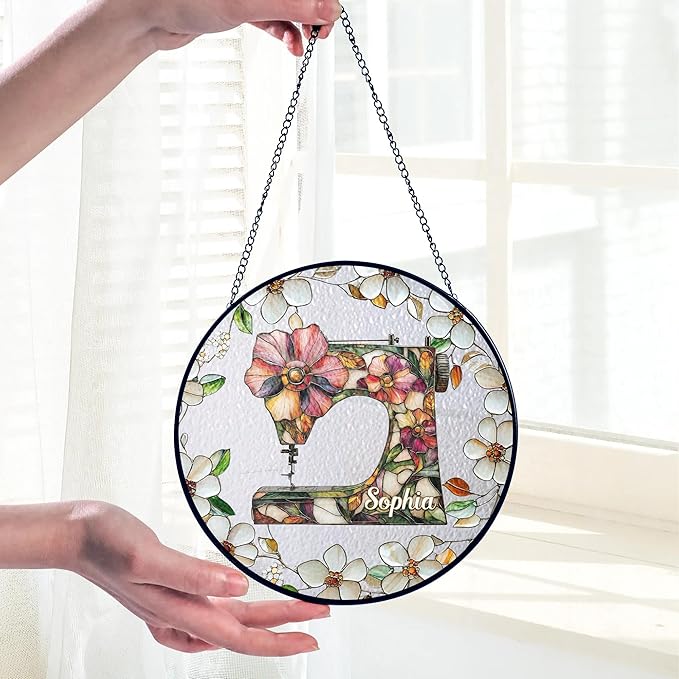 Sewing Machine Stained Glass Suncatcher Window Hanging, Gift for Sewing Lovers Tailor Shop Decor Sew Room Decorations, Quilting Sign Quilter & Sewer Gifts for Women Mom Grandma Sister