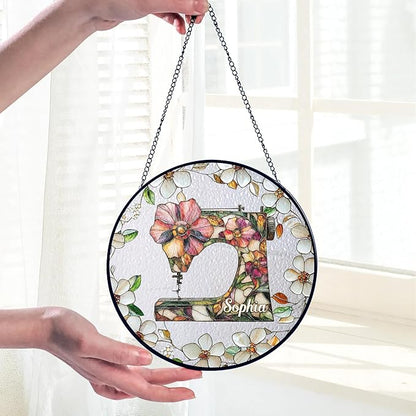Sewing Machine Stained Glass Suncatcher Window Hanging, Gift for Sewing Lovers Tailor Shop Decor Sew Room Decorations, Quilting Sign Quilter & Sewer Gifts for Women Mom Grandma Sister