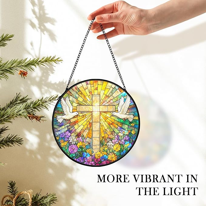 Christian Suncatcher Stained Glass Cross Window Hanging Wall Decor, Christmas Religious Gifts for Women, Easter Religious Wildflower Bird Garden Lawn Sun Catchers for Window Hanging, 7.9x7.9In