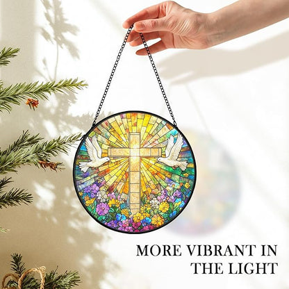 Christian Suncatcher Stained Glass Cross Window Hanging Wall Decor, Christmas Religious Gifts for Women, Easter Religious Wildflower Bird Garden Lawn Sun Catchers for Window Hanging, 7.9x7.9In