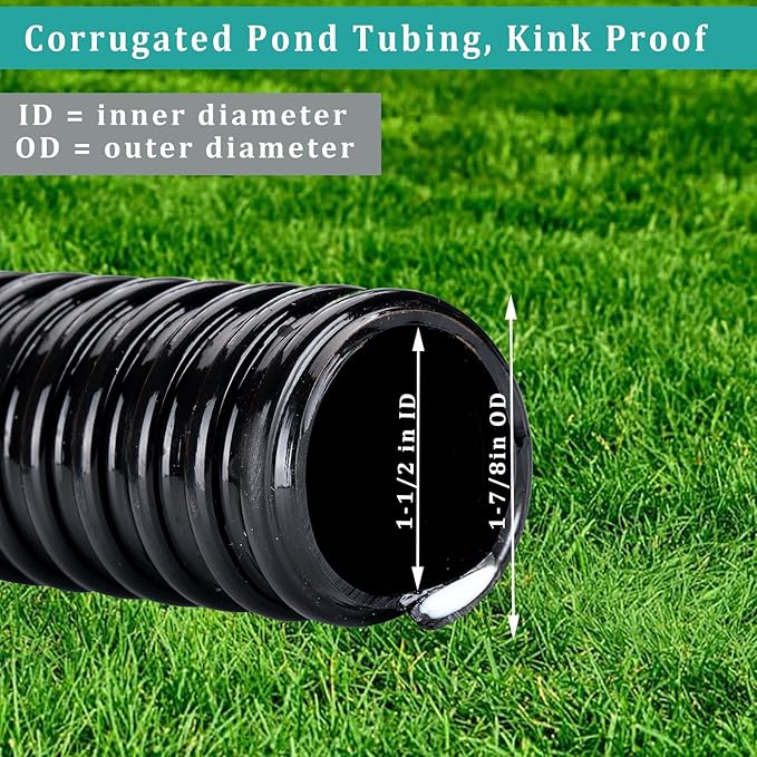 Pond Hose ID 1-1/2” × 25ft Black Corrugated Flexible Reinforced PVC Hose Vinyl Tubing for Pond Pump Fountain Garden Waterfall, Non-toxic & Kinkproof, with 2 clamps, 1.5in 38mm id