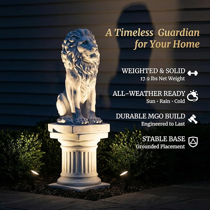 Sculptures Garden Statues, Outdoor Lion Statue 27in Tall, Magnesium Oxide Stone Composite Animal Sculpture Statue Decor for Home Decor Yard Patio Garden, White