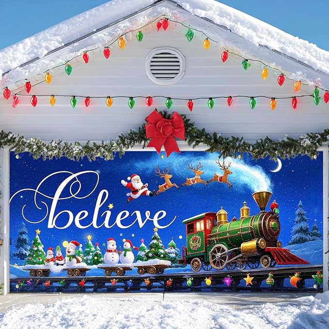 IVN Christmas Garage Door Cover Decoration 13x6ft Night Sky Train Sleigh and Stars Merry Christmas Garage Door Banner Home Door Front Yard Decor for Xmas Eve Holiday Outdoor