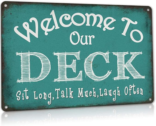 Welcome to Our Deck Sign Backyard Accessories Decor Outdoor, ALREAR Vintage Metal Tin Signs Farmhouse Home Wall Decorations 8x12 Inches