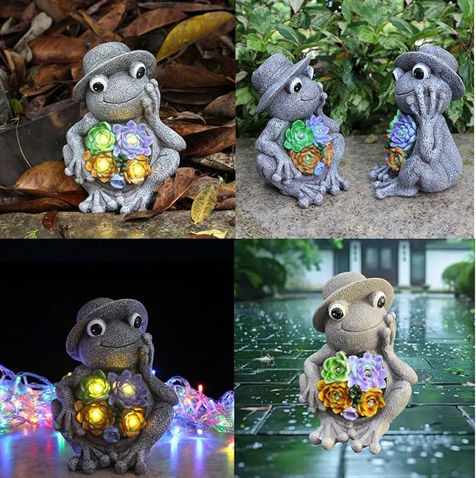 GUCHO Garden Frog Flower Statue with 4 Solar Lights,Outdoor Frog Figurine Lights, Garden Decorations for Outside,Unique Gifts for Women Men Nature Lovers