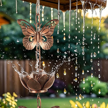 shumi 8.8ft Rain Chain for Gutters Downspouts Outside, 11 Butterfly Cups with 12 Copper Lotus Rain Chain Cups, Functional and Decorative Replacement for Gutter Downspouts