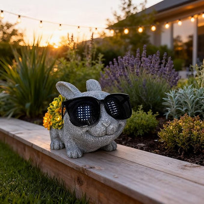 Rabbit Figurine with Solar-Powered Glasses Succulent Bunny Decor Garden Statue for Patio Yard Balcony Housewarming Gifts for Mom Women Grandma