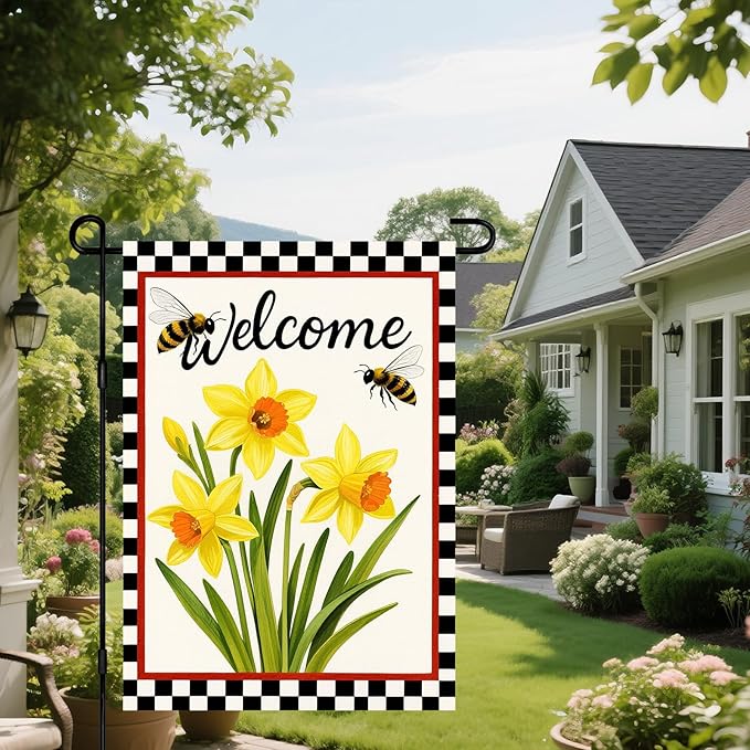 IVN Welcome Garden Flag 12x18 Inch Double Sided Spring Summer Garden Yard Flags Daffodils Bees Decorative Small Flags for Outdoor Seasonal Front Door Lawn Porch Patio Decor Yard Flag