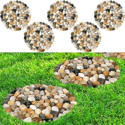 River Rock Stepping Stones Outdoor for Garden Walkway, 12 inch Diameter 5 Pcs Round Shape Paver Step Stones Polished Pebble River Stone Mat for Yard Lawn Patio Pathway Walk Way - Multi-Color