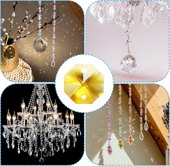 PATIKIL K9 Crystal Octagon Beads 2 Holes Pendants, 60 Pack 14mm Chandelier Prisms Parts Ornaments Hanging Beads for DIY Arts Crafts Decoration, Golden