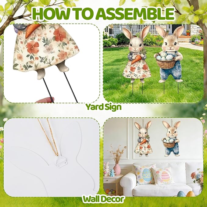 2 Pcs Easter Metal Vintage Bunny Yard Signs, Retro Bunny Couple Easter Decorations Outdoor, Farmhouse Rustic Rabbit Hanging Wall Decor with Carrot Eggs for Home Family Outside Spring Patio