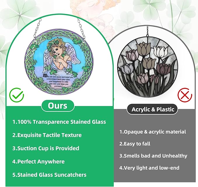 Stained Glass Angel Suncatcher Window Hanging Ornament for Home and Garden Decor 100% Real Glass with Elegant Angel Design Gift for Mom and Loved Ones.