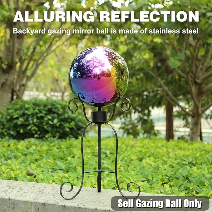 VCUTEKA Gazing Ball, 10" Stainless Steel Mirror Ball Reflective Garden Sphere, Gazing Globe for Home Garden Patio Lawn Outdoor and Indoor Decorative, 1PSC Rainbow