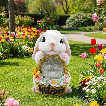 Solar Garden Outdoor Statues Rabbit with Flower Basket, Ideal Gift for Mom, Daddy, Cute Bunny Statue Decor for Lawn, Patio, Yard(White Rabbit)