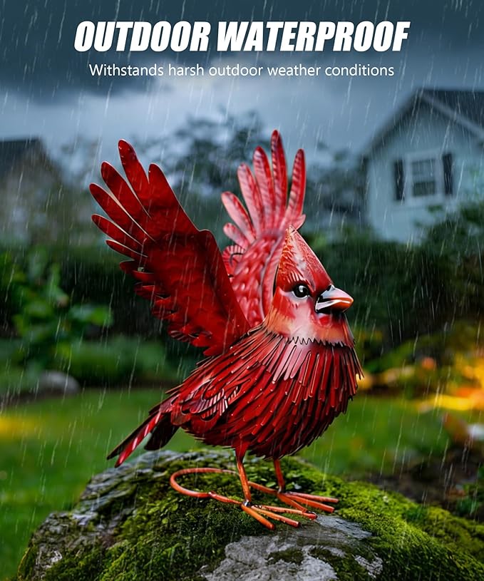 Metal Cardinal Garden Decor Outdoor: Art Outside Statues Large Red Bird Ornaments for Balcony Front Backyard Patio Yard - Christmas Birthday Gifts for Mom Grandma Women
