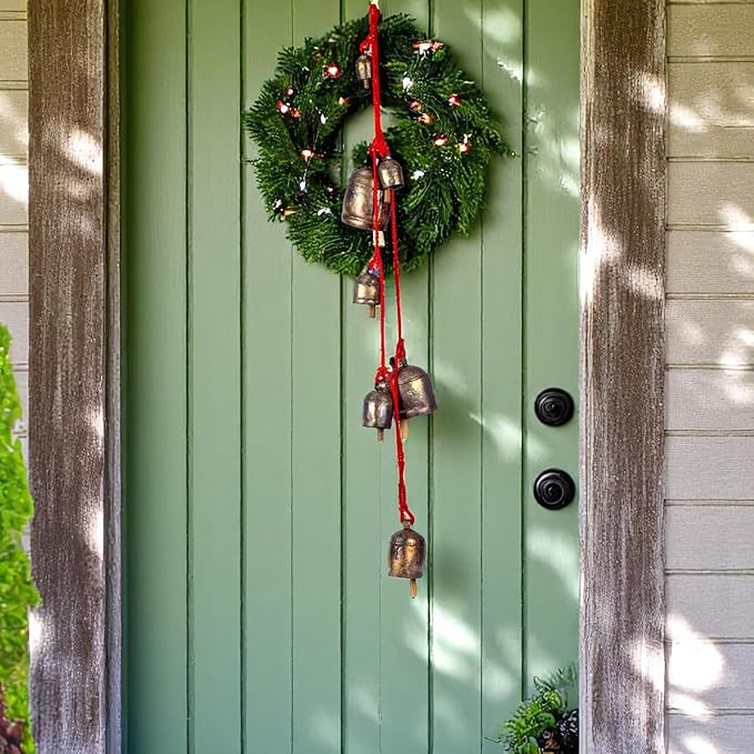 Handmade Rustic Bells Wind Chimes for Outside 7 Hanging Bells on Rope, Brass-Coated Iron Bells for Door, Outdoor Patio, Farmhouse Decor, Christmas Ornaments, Boho Hanging Bell, Vintage Wind Bell 55"