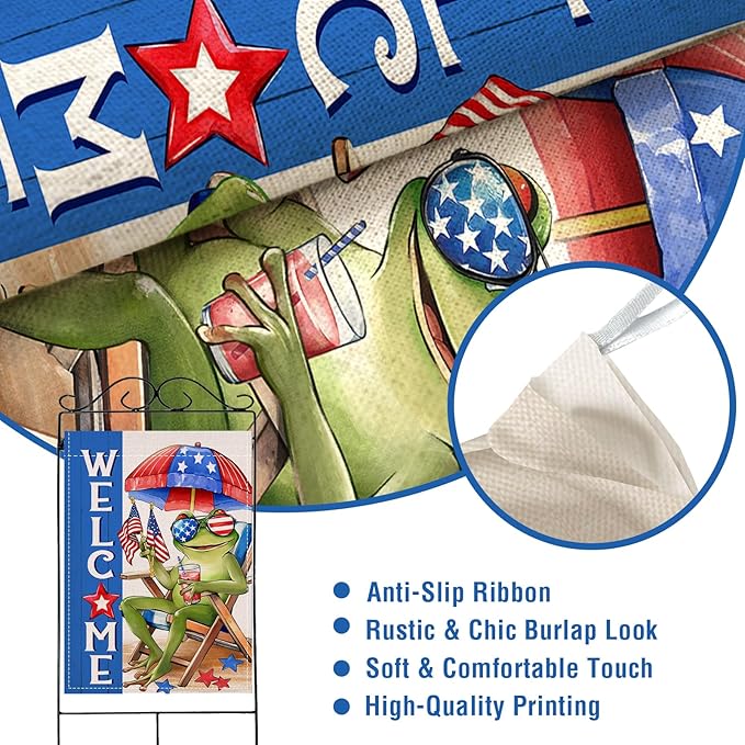 Artofy Welcome 4th of July Frog Large Decorative House Flag, Patriotic Beach Chair Sunshade America Yard Garden Outside Decor, Coastal American USA Burlap Outdoor Home Decoration Double Sided 28 x 40