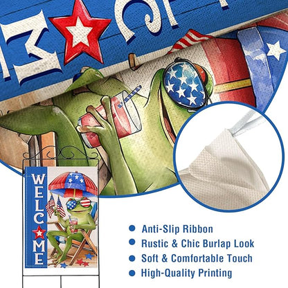 Artofy Welcome 4th of July Frog Large Decorative House Flag, Patriotic Beach Chair Sunshade America Yard Garden Outside Decor, Coastal American USA Burlap Outdoor Home Decoration Double Sided 28 x 40