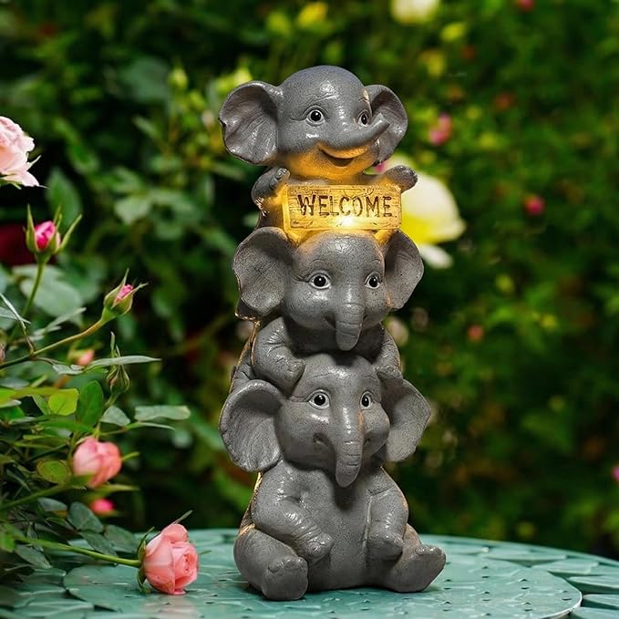 Lyeasw Solar Elephant Garden Statue with Lighted Welcome Sign, Outdoor Decor for Patio Porch Yard, Cute Elephant Family Figurine for Garden, Gift for Mom Grandma Garden Lovers