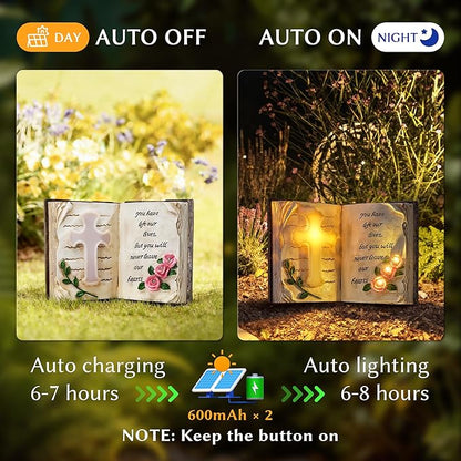 KARTOOSH Solar Bible Cross Garden Statue, Memorial Cross Flower Light with Stakes, Grave Decoration Gift for Cemetery Yard Lawn Patio Pathway Outdoor Decor