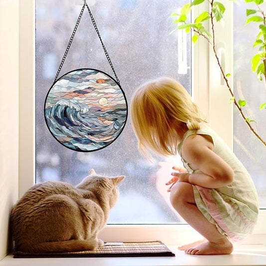 DASTOLL Stained Glass Window Hanging, Sunrise Waves Sun Catchers Diamond Glass Panel Hangings Abstract Suncatcher Decor for Birthday for Women, Men, Wife, Aunt, and Mom 7.8 in