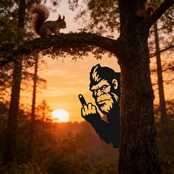 Black Middle Finger Bigfoot Peeping Animal Metal Sign, Bigfoot Yard Decor Outdoor Metal Wall Art, Sasquatch Fence Art Peeking Middle Finger Animal Sign for Garden Patio Tree and House
