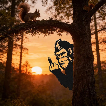 Black Middle Finger Bigfoot Peeping Animal Metal Sign, Bigfoot Yard Decor Outdoor Metal Wall Art, Sasquatch Fence Art Peeking Middle Finger Animal Sign for Garden Patio Tree and House