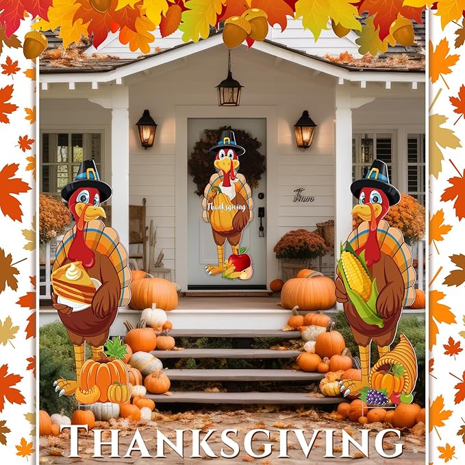 Umigy 3 Pcs Thanksgiving Yard Sign Gobble Turkey Garden Decor with Stakes 32 x 10 Inch Harvest Turkey Outdoor Lawn Sign Thanksgiving Yard Decor Garden Decoration Outside for Home Pathway Walkway