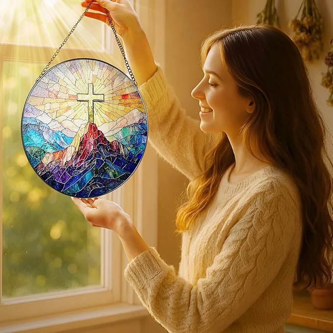 Stained Glass Suncatcher, Cross Sun Catcher Ornament, Easter Faith Cross; Stained Glass Window Hanging, Christmas Ornament, Jesus Home Decor, Christian Home Decor; Christian Gifts, Religious Gifts