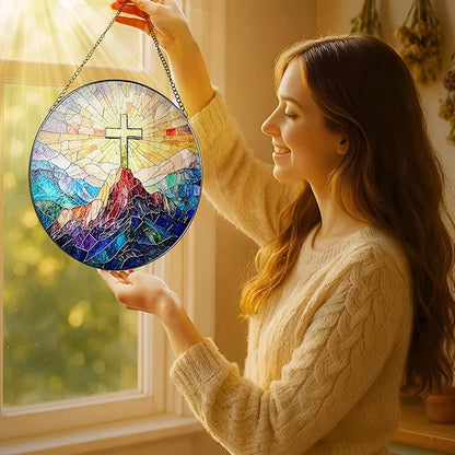 Stained Glass Suncatcher, Cross Sun Catcher Ornament, Easter Faith Cross; Stained Glass Window Hanging, Christmas Ornament, Jesus Home Decor, Christian Home Decor; Christian Gifts, Religious Gifts