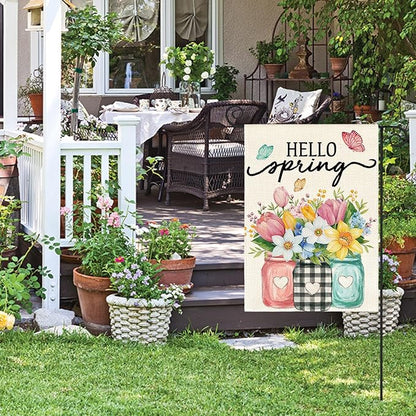 AVOIN colorlife Hello Spring Garden Flag 12x18 Inch Double Sided Outside, Floral Mason Jar Holiday Yard Outdoor Flag